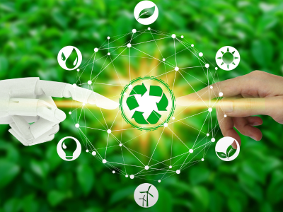 Two people shaking hands with a vibrant green background, symbolizing sustainable energy as a service partnerships.