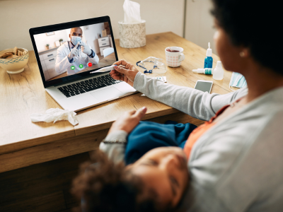 Doctor conducting a secure telemedicine video consultation with a patient using a digital health platform