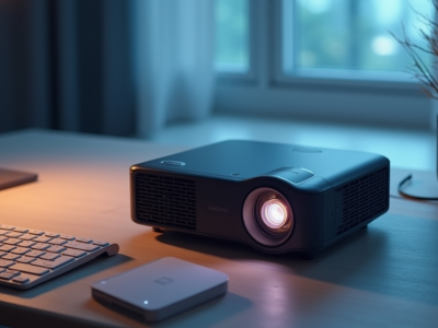 Samsung Freestyle+ portable projector in a living room setup, showing flexible viewing angles and built-in speaker.