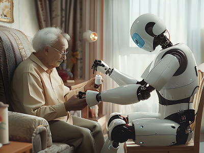 Humanoid robot powered by physical AI assisting a person in daily life.