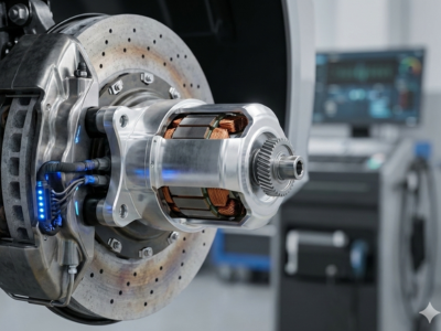 Close-up view of an electric vehicle actuator integrated into an EV braking system.