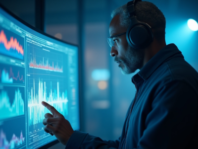 Professional user wearing headphones while engaging with a 3D Audio interface that delivers immersive spatial sound cues.